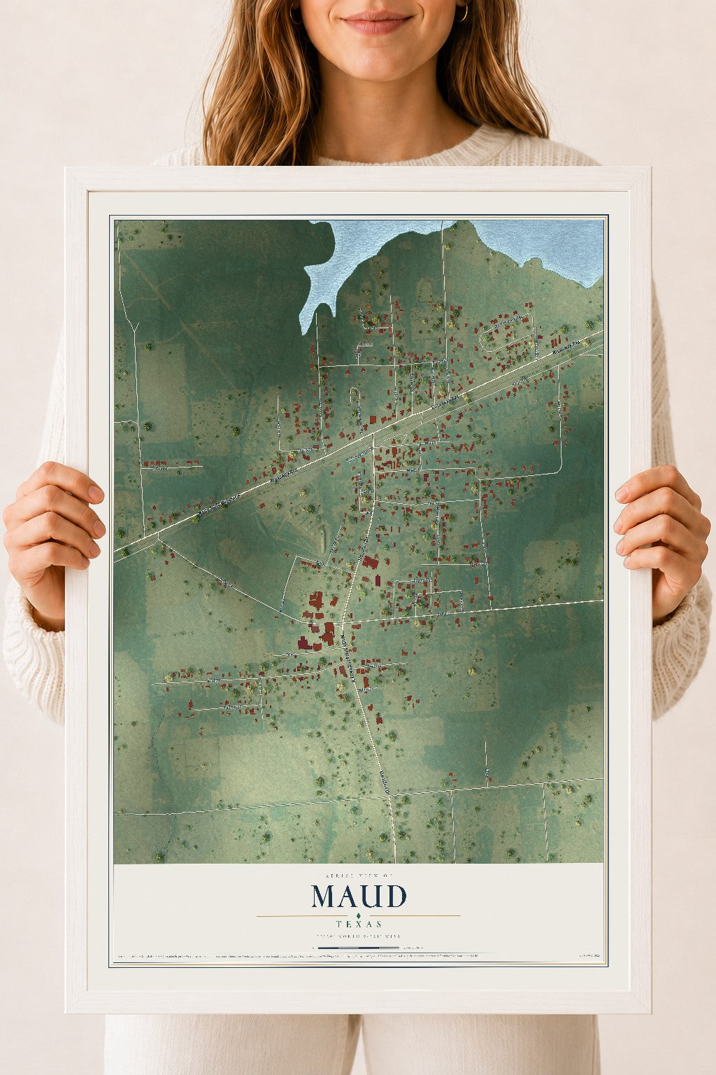 Map of Maud, Texas, 18 x 24 inch print in a white wood frame