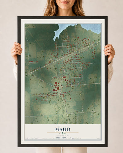 Map of Maud, Texas, 24 x 36 inch print in a black wood frame