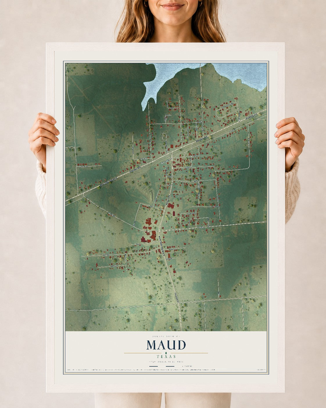 Map of Maud, Texas, 24 x 36 inch print in a white wood frame