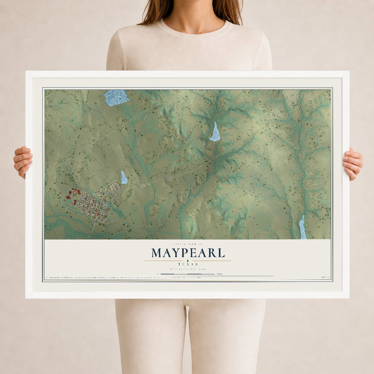 Map of Maypearl, Texas, 24 x 36 inch print in a white wood frame
