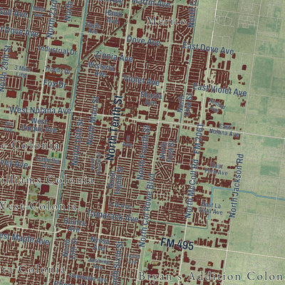 Close-up of the map of McAllen, Texas print showing street and building detail