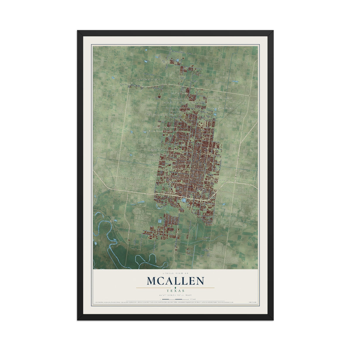 Map of McAllen, Texas, 12 x 18 inch print in a black wood frame