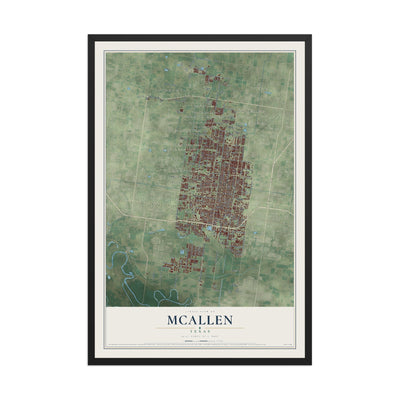 Map of McAllen, Texas, 12 x 18 inch print in a black wood frame