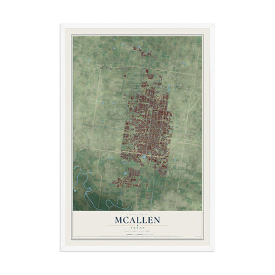 Map of McAllen, Texas, 12 x 18 inch print in a white wood frame