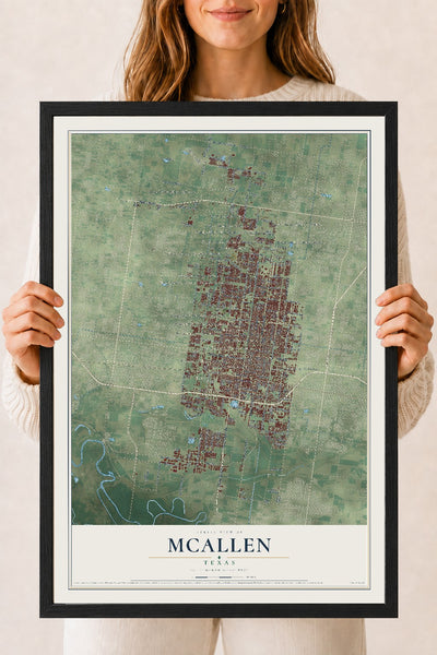 Map of McAllen, Texas, 18 x 24 inch print in a black wood frame