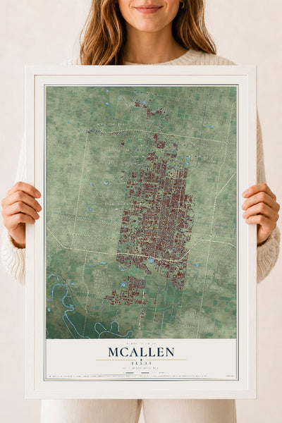 Map of McAllen, Texas, 18 x 24 inch print in a white wood frame