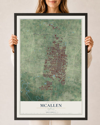 Map of McAllen, Texas, 24 x 36 inch print in a black wood frame