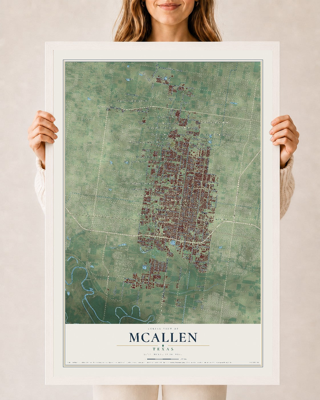 Map of McAllen, Texas, 24 x 36 inch print in a white wood frame