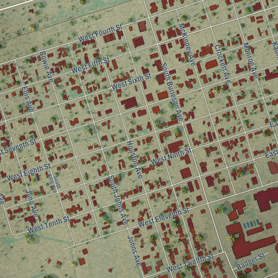 Close-up of the map of McCamey, Texas print showing street and building detail