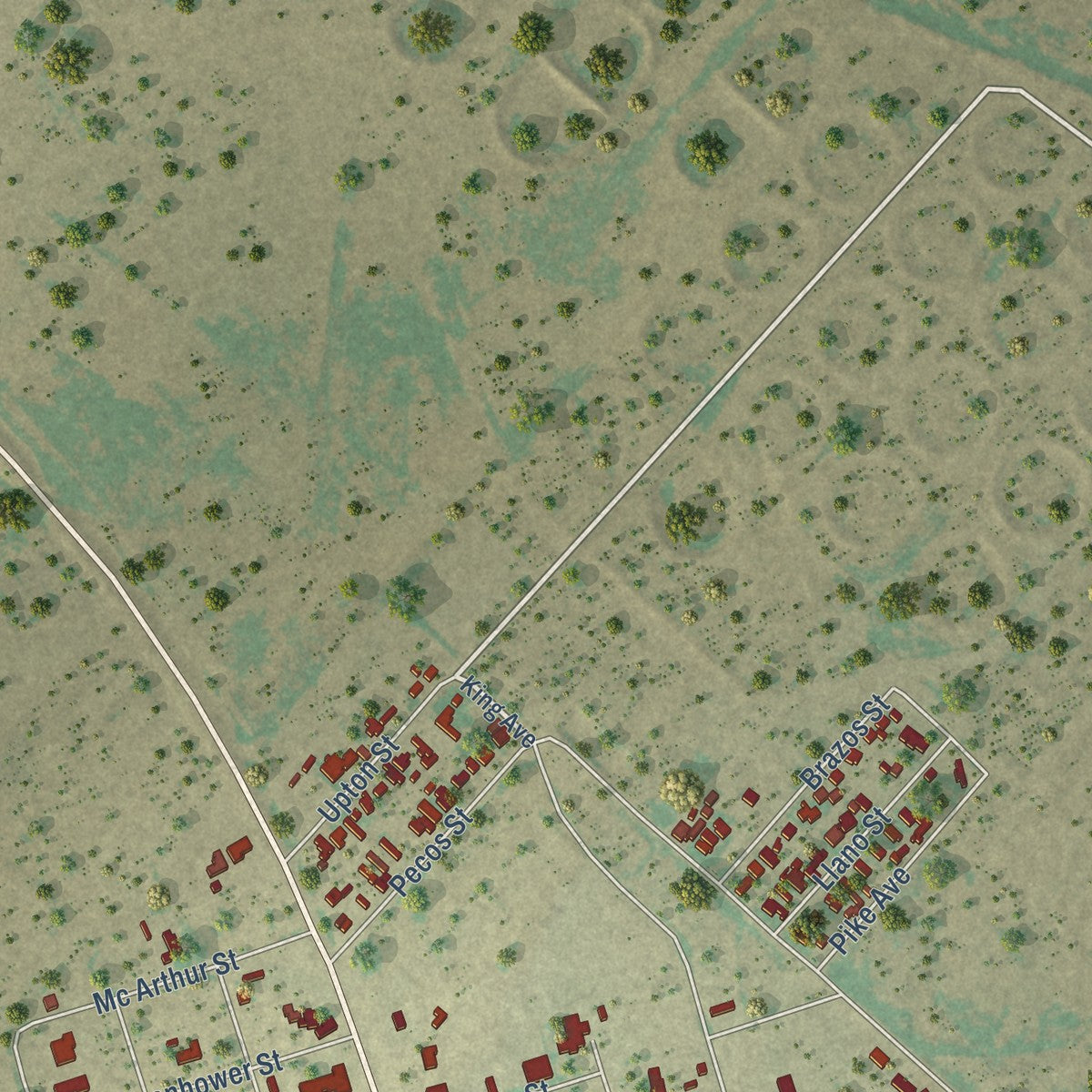 Second close-up of the map of McCamey, Texas print showing more streets and buildings