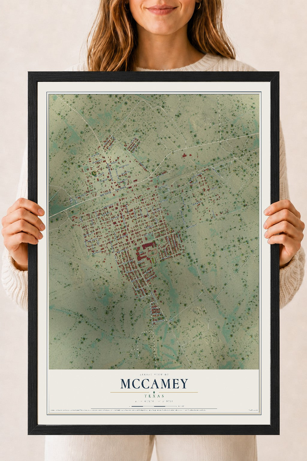 Map of McCamey, Texas, 18 x 24 inch print in a black wood frame