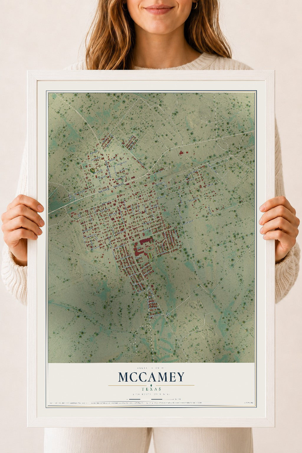 Map of McCamey, Texas, 18 x 24 inch print in a white wood frame