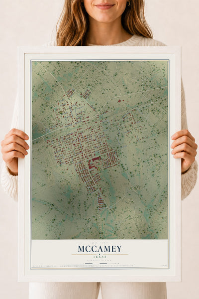 Map of McCamey, Texas, 18 x 24 inch print in a white wood frame