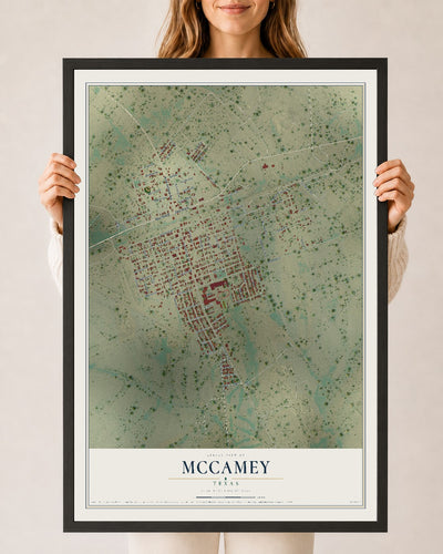 Map of McCamey, Texas, 24 x 36 inch print in a black wood frame
