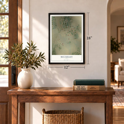 McCaulley, Texas map, 12 x 18 inch print in a black frame in an entryway