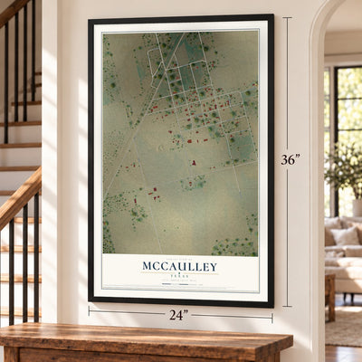 McCaulley, Texas map, 24 x 36 inch print in a black frame by a staircase