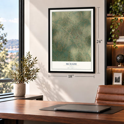 McDade, Texas map, 18 x 24 inch print in a black frame in a home office