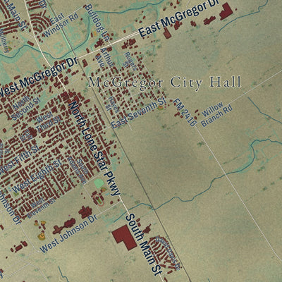 Close-up of the map of McGregor, Texas print showing street and building detail