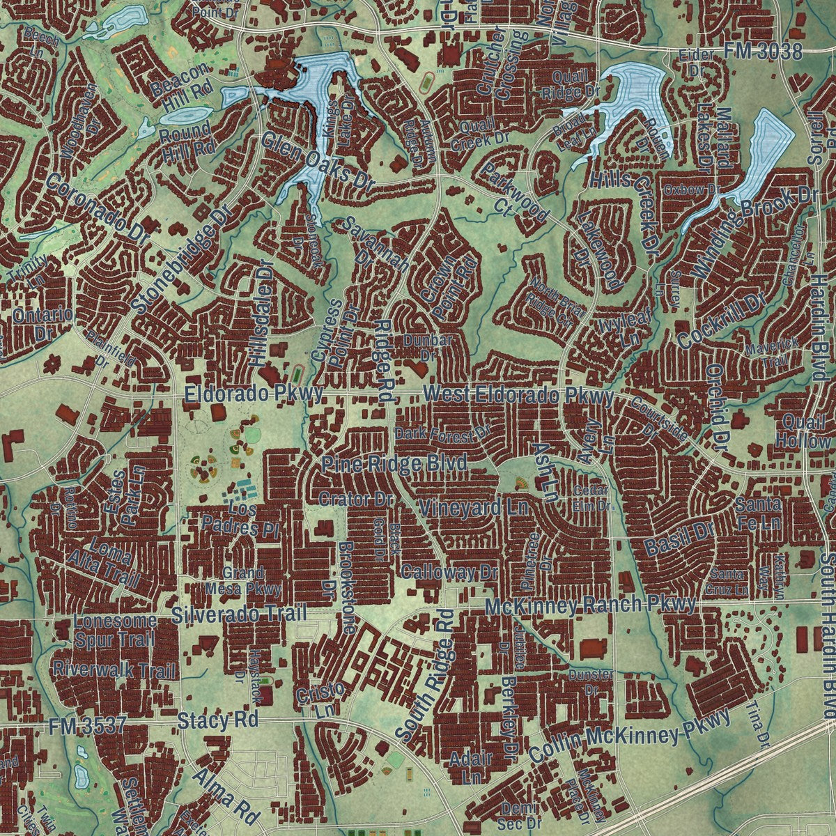 Close-up of the map of McKinney, Texas print showing street and building detail