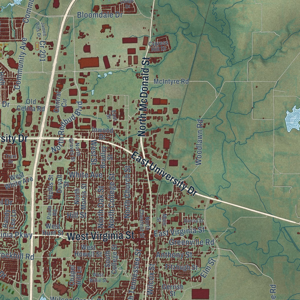 Second close-up of the map of McKinney, Texas print showing more streets and buildings