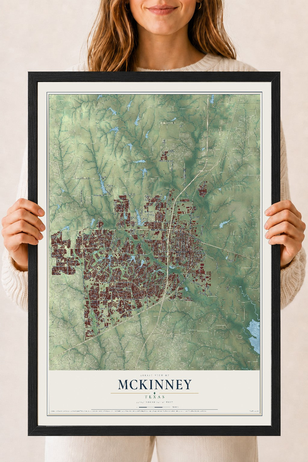 Map of McKinney, Texas, 18 x 24 inch print in a black wood frame