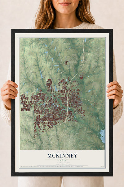 Map of McKinney, Texas, 18 x 24 inch print in a black wood frame