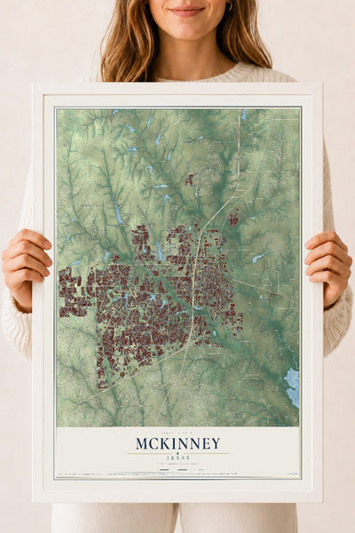 Map of McKinney, Texas, 18 x 24 inch print in a white wood frame