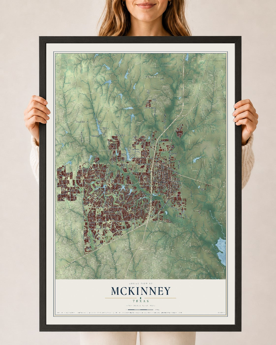 Map of McKinney, Texas, 24 x 36 inch print in a black wood frame