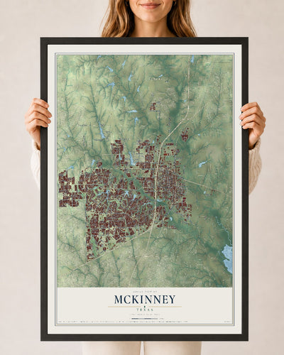 Map of McKinney, Texas, 24 x 36 inch print in a black wood frame
