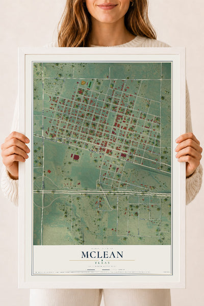 Map of McLean, Texas, 18 x 24 inch print in a white wood frame