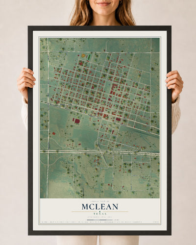 Map of McLean, Texas, 24 x 36 inch print in a black wood frame