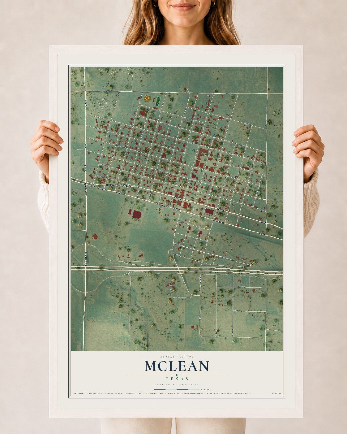 Map of McLean, Texas, 24 x 36 inch print in a white wood frame