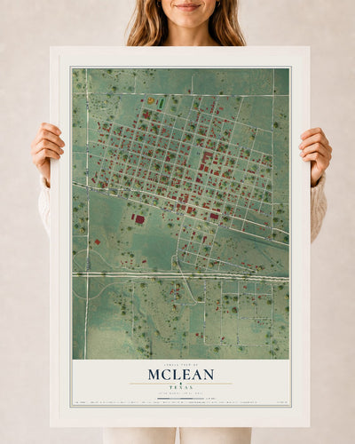Map of McLean, Texas, 24 x 36 inch print in a white wood frame