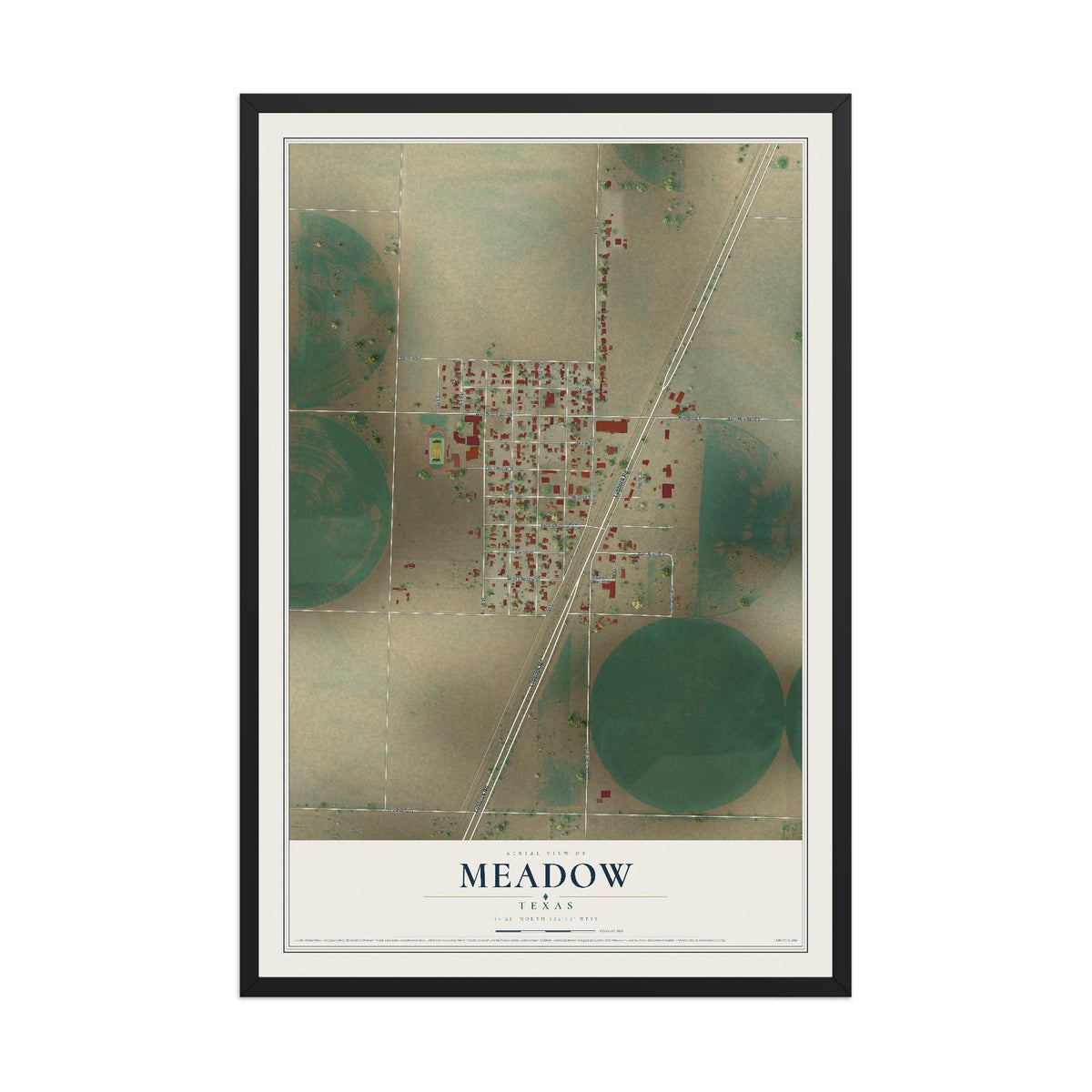 Map of Meadow, Texas, 12 x 18 inch print in a black wood frame