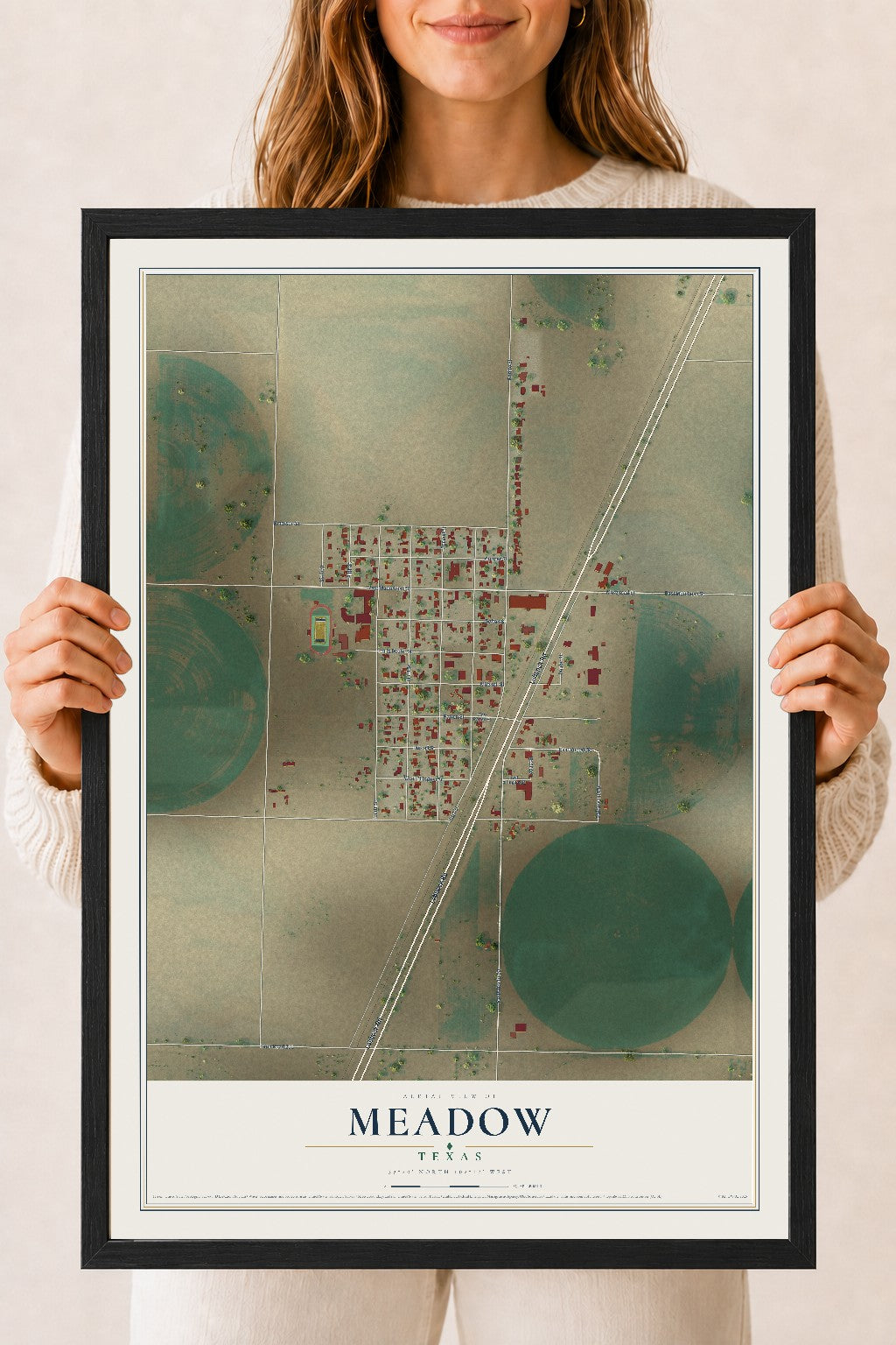 Map of Meadow, Texas, 18 x 24 inch print in a black wood frame