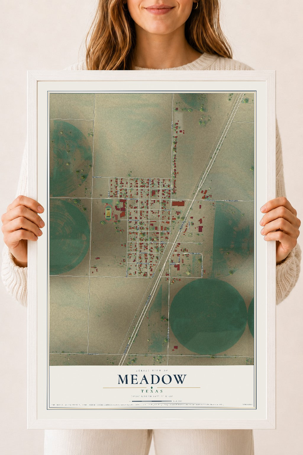 Map of Meadow, Texas, 18 x 24 inch print in a white wood frame