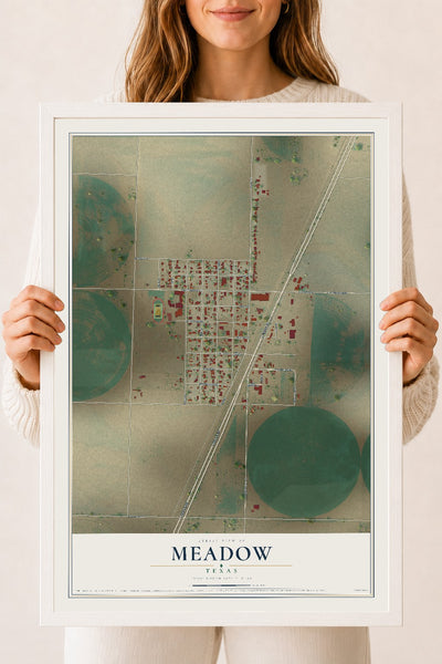Map of Meadow, Texas, 18 x 24 inch print in a white wood frame