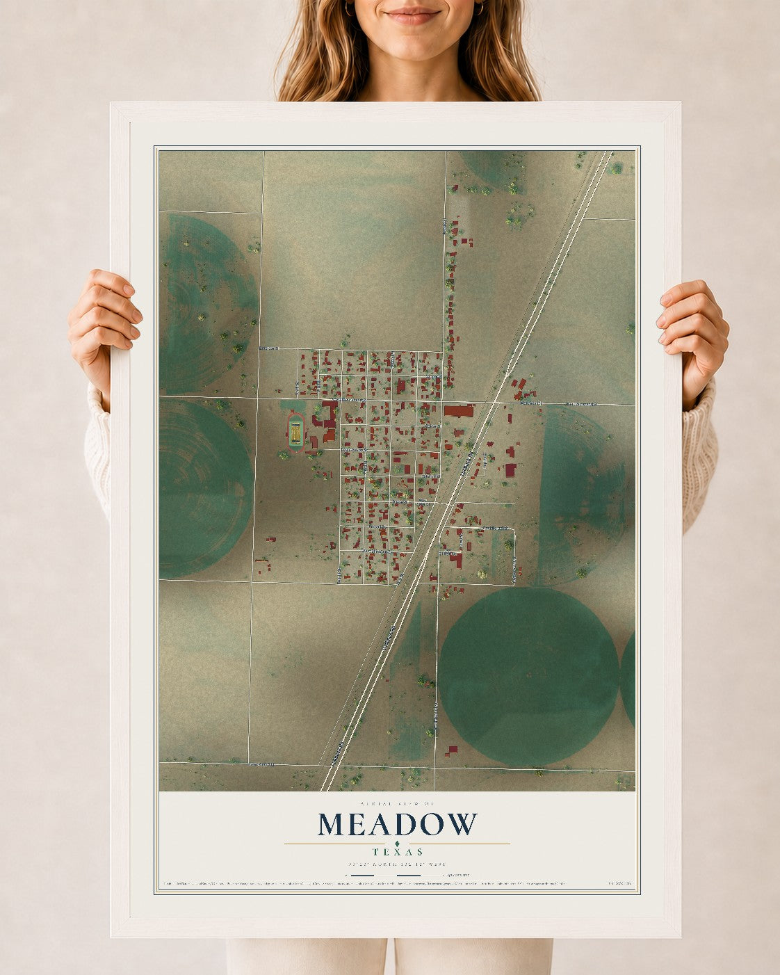 Map of Meadow, Texas, 24 x 36 inch print in a white wood frame