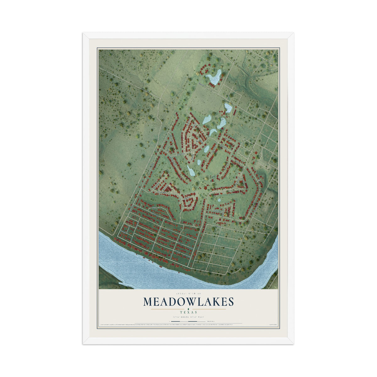 Map of Meadowlakes, Texas, 12 x 18 inch print in a white wood frame
