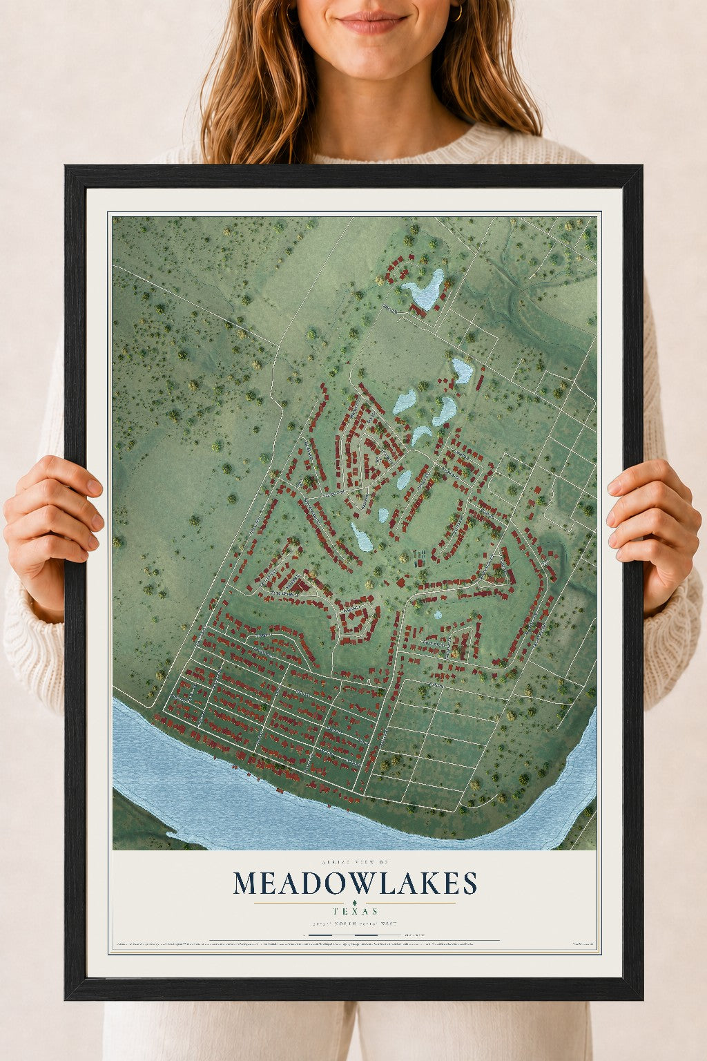 Map of Meadowlakes, Texas, 18 x 24 inch print in a black wood frame