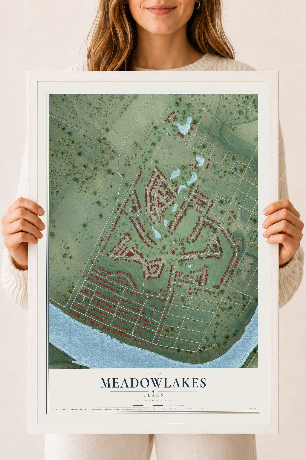 Map of Meadowlakes, Texas, 18 x 24 inch print in a white wood frame