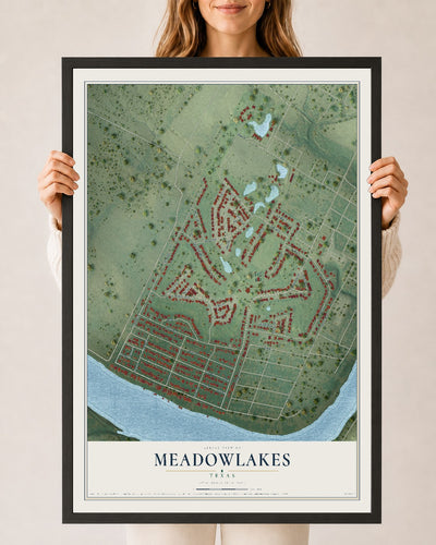Map of Meadowlakes, Texas, 24 x 36 inch print in a black wood frame