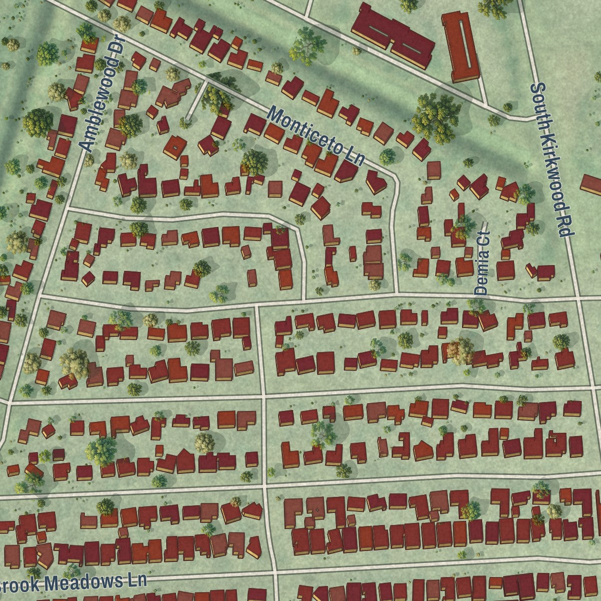 Close-up of the map of Meadows Place, Texas print showing street and building detail
