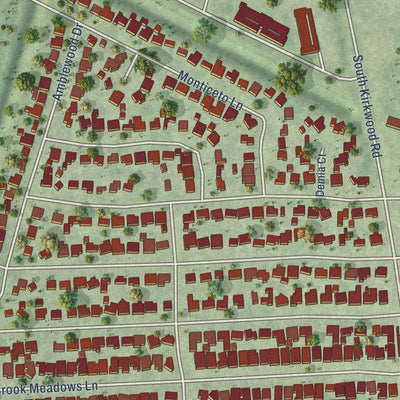 Close-up of the map of Meadows Place, Texas print showing street and building detail