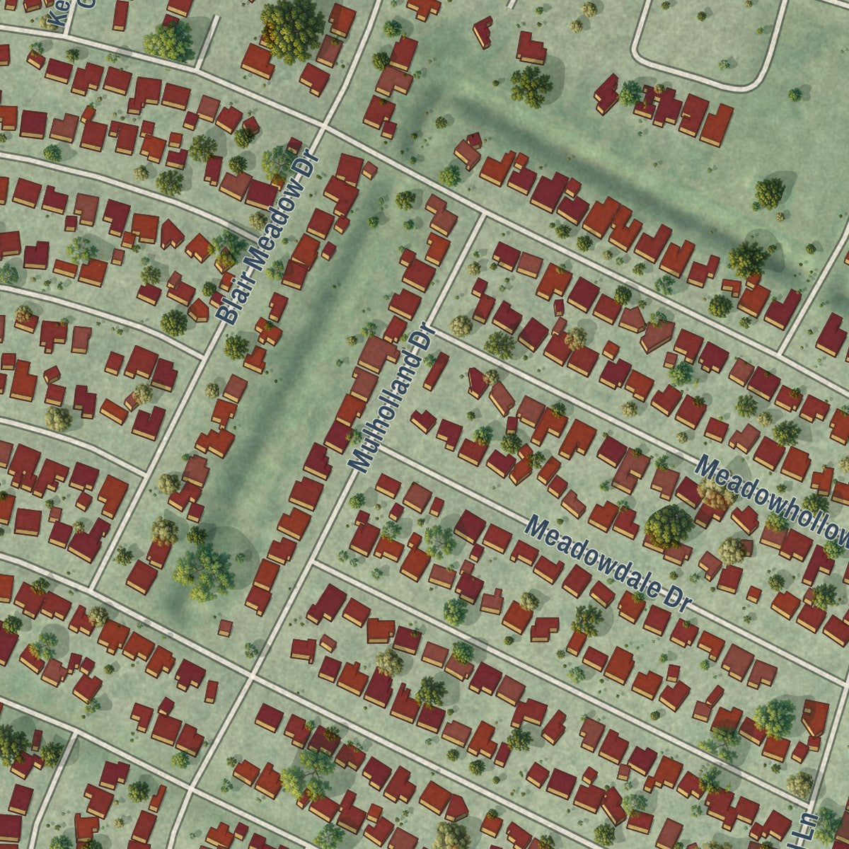 Second close-up of the map of Meadows Place, Texas print showing more streets and buildings