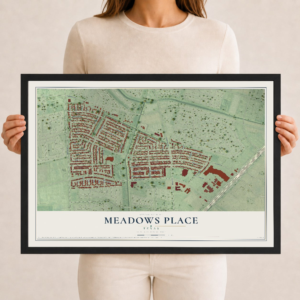 Map of Meadows Place, Texas, 12 x 18 inch print in a black wood frame