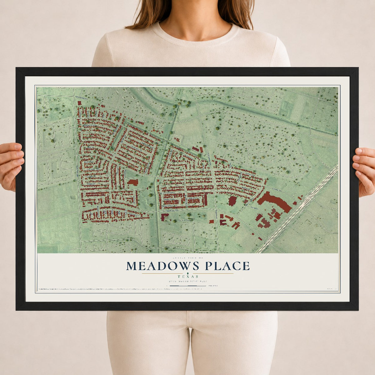 Map of Meadows Place, Texas, 18 x 24 inch print in a black wood frame