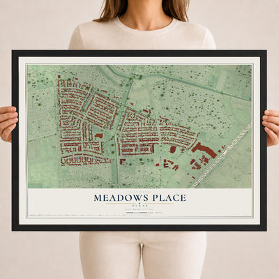 Map of Meadows Place, Texas, 18 x 24 inch print in a black wood frame