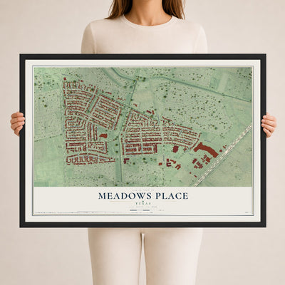 Map of Meadows Place, Texas, 24 x 36 inch print in a black wood frame