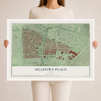 Map of Meadows Place, Texas, 24 x 36 inch print in a white wood frame
